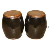A Pair Of Black Lacquer Drums With Leather Top & Bottom