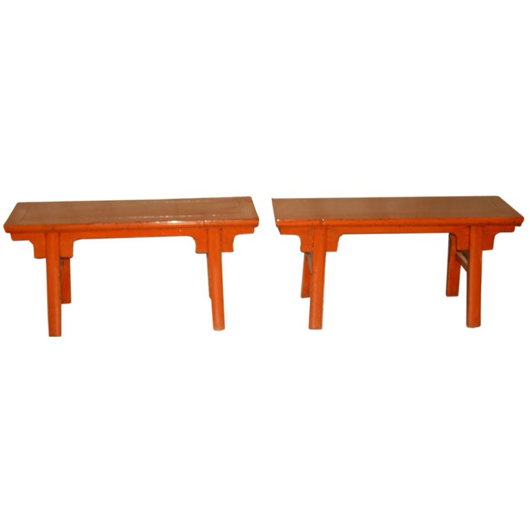 A Pair of Elegant Red Lacquer Benches