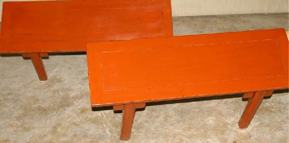 A pair of elegant red lacquer benches, beautiful color, form and lines. Selling as a pair or single, $2250 each.