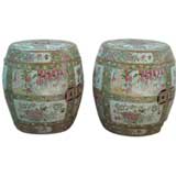 A Pair Of Porcelain Stools With Polychrome Motif & Gold Gilt