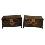 A Pair Of Black Lacquer Trunks With Gold Gilt Floral Motif
