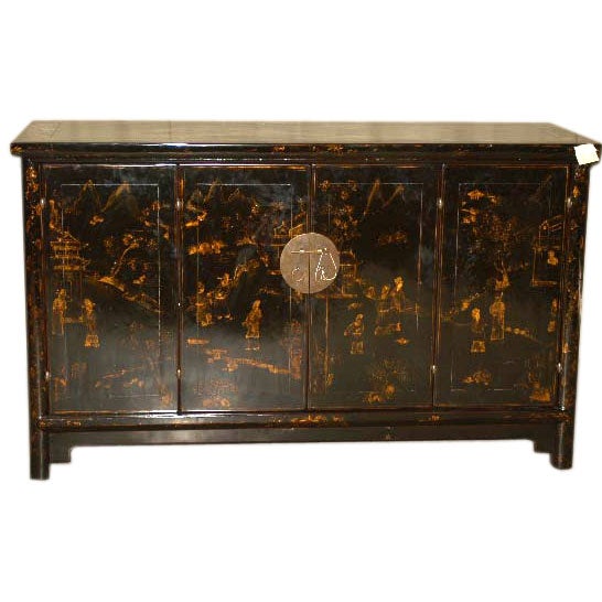 Black Lacquer Sideboard With Gold Gilt  Motif