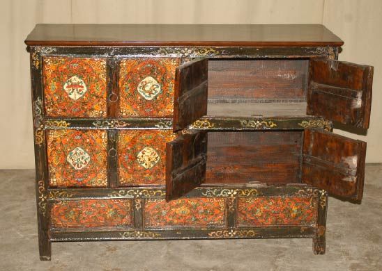 an elegant Tibetan chest with fine painted floral motif, beautiful color, form and detail. View our website at: www.greenwichorientalantiques.com for additional Tibetan chest selections.