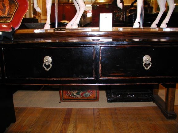 Black Lacquer Table With Four Drawers & Paneled Legs