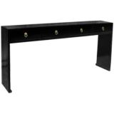 Black Lacquer Table With Four Drawers & Paneled Legs