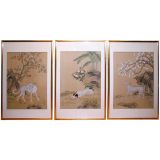 A Fine Set Of Three Framed Brush Paintings Of Hunting Dogs