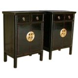 Antique A Pair Of Black Lacquer Chests With 2 Drawers & A Pair Of Doors