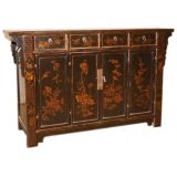 Black Lacquer Sideboard With Gold Gilt Birds & Flowers Motif