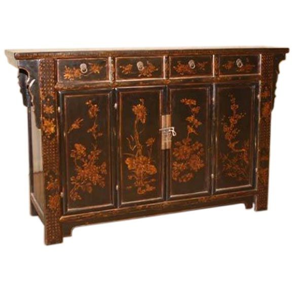 Black Lacquer Sideboard With Gold Gilt Birds 
Flowers Motif