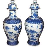 A Pair Of  Blue & White Fluted Vases
