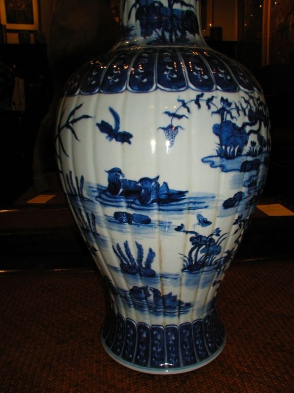 A Pair Of Blue and White Fluted Vases at 1stDibs