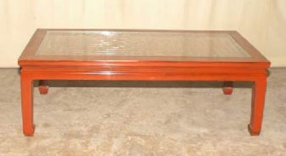Rectangular Red Lacquer Low Table With Lattice Fret Work Top