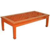 Antique Rectangular Red Lacquer Low Table With Lattice Fret Work Top