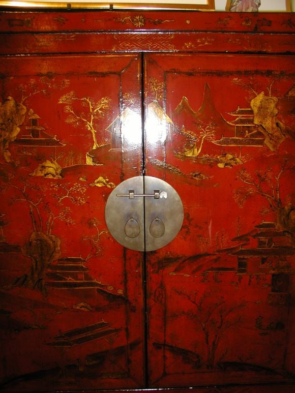 Red Lacquer Armoire With Gold Gilt Landscape Motif