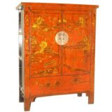 Red Lacquer Armoire With Gold Gilt Landscape Motif
