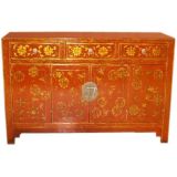 Red Lacquer Sideboard With Gold Gilt Floral Motif