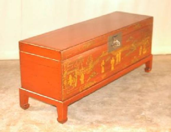 Red Lacquer Trunk With Gold Gilt Theatrical Scenes