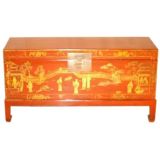 Red Lacquer Trunk With Gold Gilt Theatrical Scenes