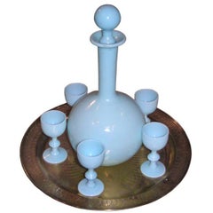 French Opaline Decanter and Cordial Glasses on Brass Tray