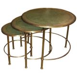 Antique English Brass and Leather Nesting Tables