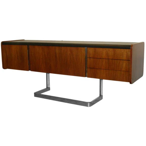 Rosewood, Leather, and Chrome Credenza