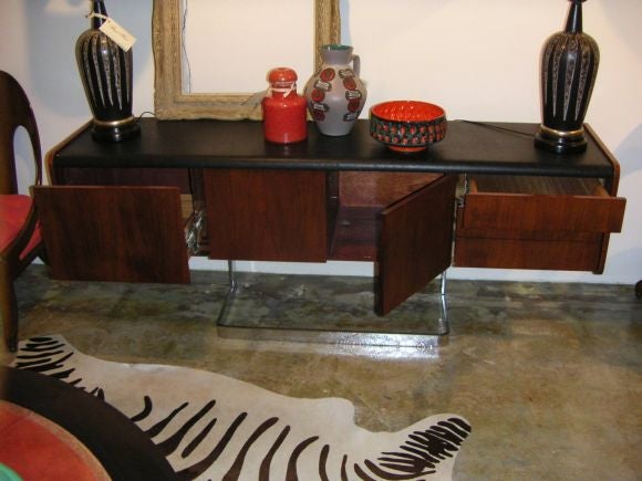 Canadian Rosewood, Leather, and Chrome Credenza