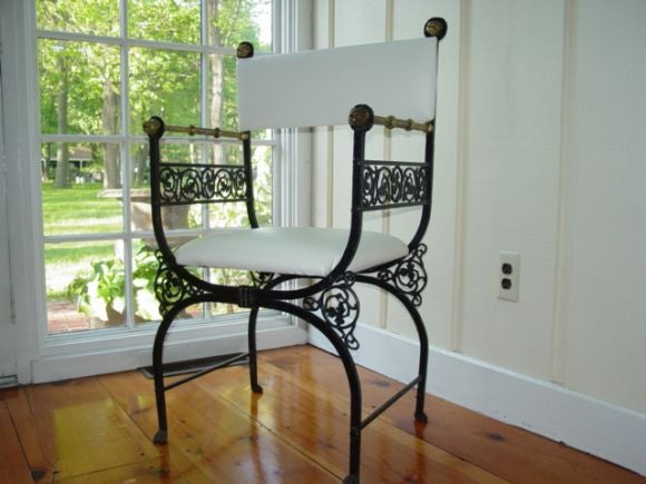 Italian Pair of Mediterranean Revival Savonarola-style Iron/Brass Chairs