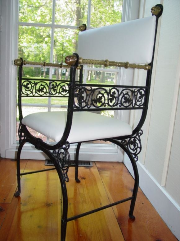 Pair of Mediterranean Revival Savonarola-style Iron/Brass Chairs 1
