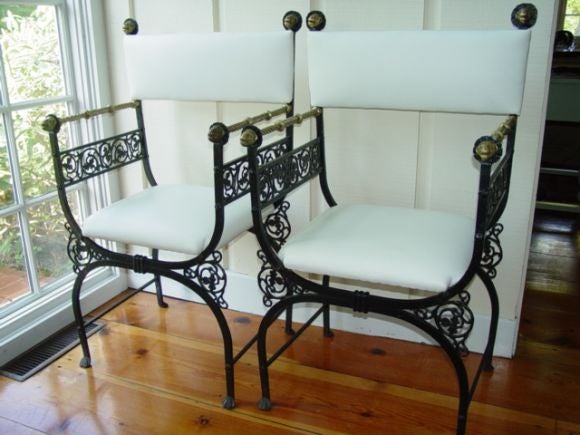 Pair of Mediterranean Revival Savonarola-style Iron/Brass Chairs 5