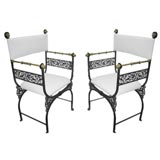 Pair of Mediterranean Revival Savonarola-style Iron/Brass Chairs