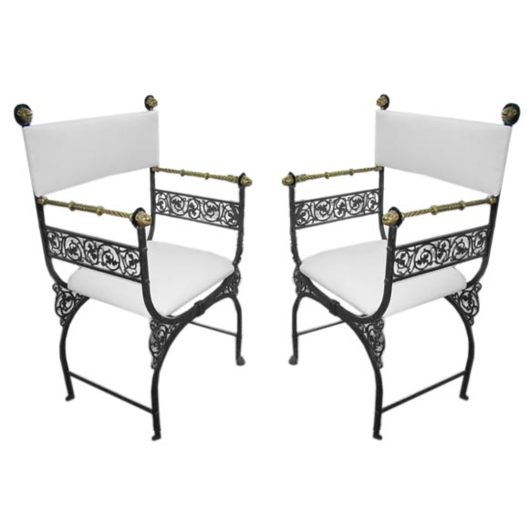 Pair of Mediterranean Revival Savonarola-style Iron/Brass Chairs