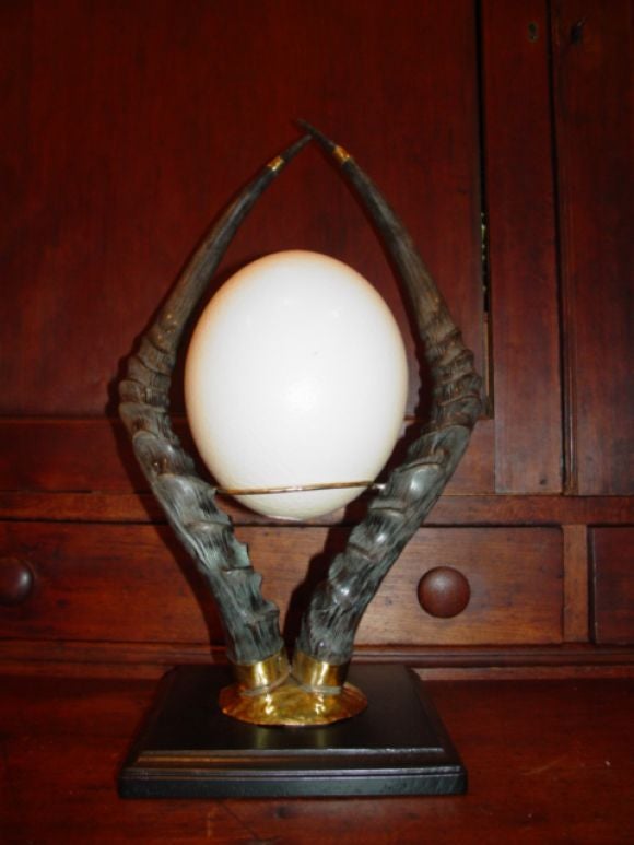 Wood Pair of African Impala Horns Stands with Ostrich Eggs.