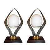 Vintage Pair of African Impala Horns Stands with Ostrich Eggs.