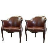 Antique Pair of 19thc English Leather Barrel Chairs
