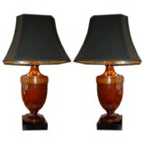 Magnificent pair of wood/inlayed urn lamps.