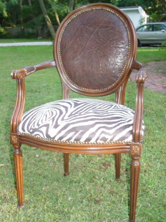 Four  Louis XV1 Style Leather & Zebra Print Chairs