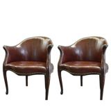 Antique Pair of 19th century English Leather Barrel Chairs