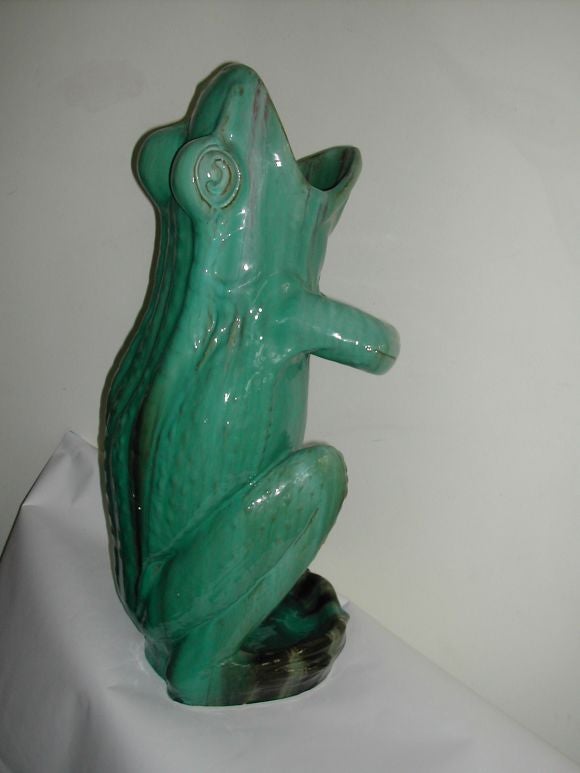 French Majolica Green  Frog Umbrella Stand Attributed to Massier