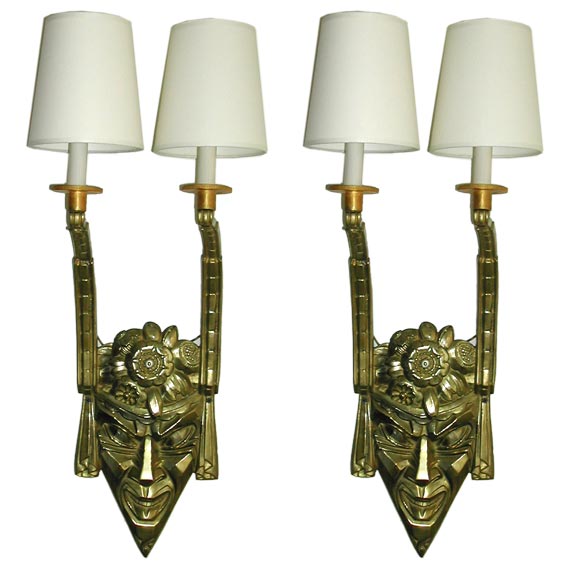 Pair, Unusual Art Deco Two -Light Mask Sconces