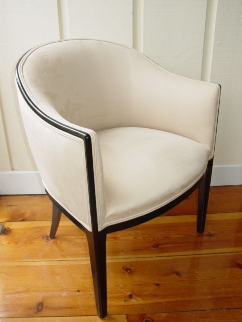 Fabulous Mid-20th century Elegance in this Karl Springer style club chair.Black laquered frame,new upholstery in the finest quality Ultra Suede.(Vanilla