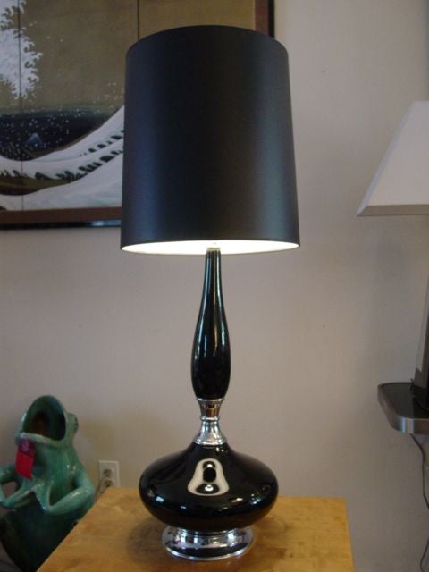 Pair of 1970s Black Glass and Chrome Table Lamps