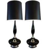 Pair of 1970s Black Glass and Chrome Table Lamps