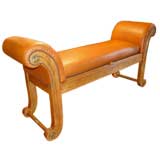 Leather Upholstered Light Mahogany Rolled Arm Bench.