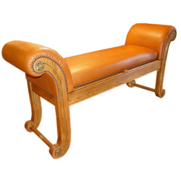 Leather Upholstered Light Mahogany Rolled Arm Bench.
