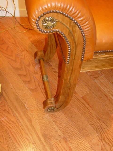 Leather Upholstered Light Mahogany Rolled Arm Bench. 1