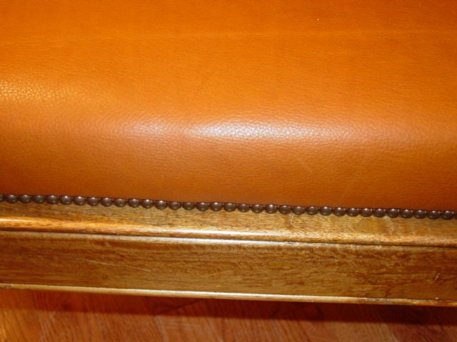 Leather Upholstered Light Mahogany Rolled Arm Bench. 2