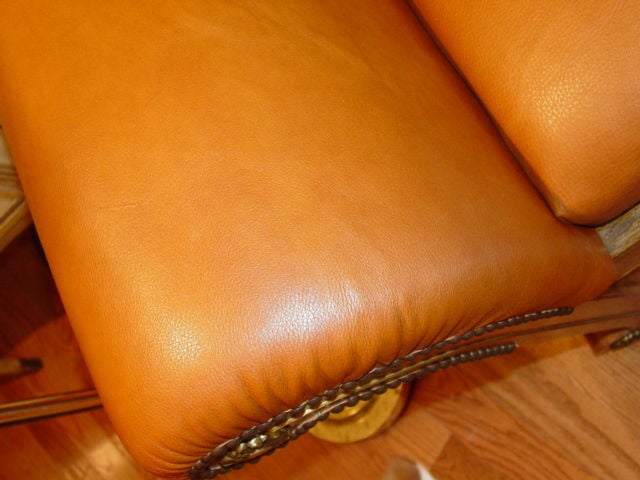 Leather Upholstered Light Mahogany Rolled Arm Bench. 3