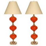 Striking, Pair of Red/Orange Glass & Nickel  Lamps