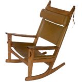 Vintage Leather and Oak Rocker by Hans Wegner for Getama