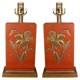 Pair of Leather Lamps with Applied Brass Lillies